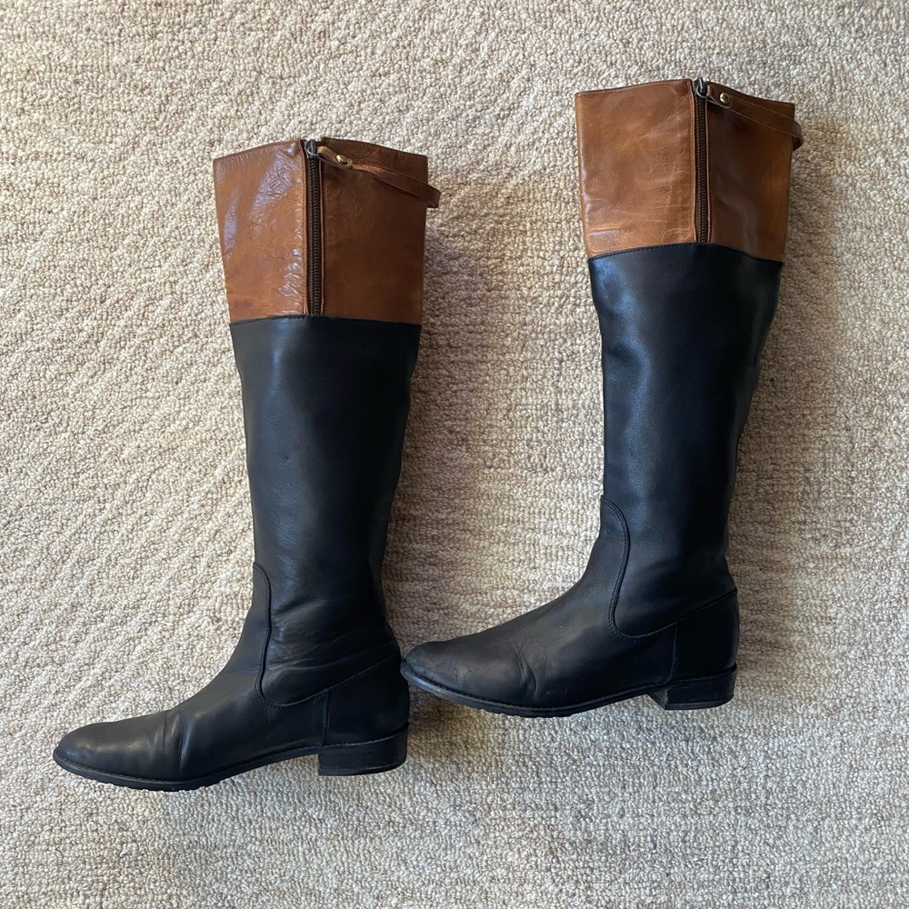 Stuart Weitzman Black + Brown Leather Riding Boots 8M